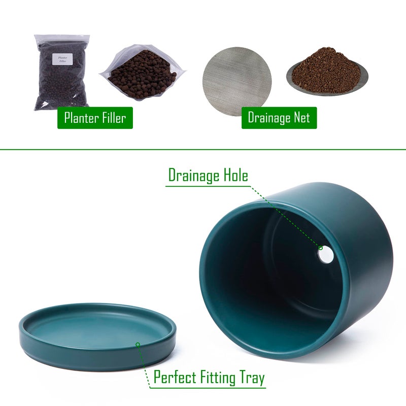 D'vine Dev 6 Inch Ceramic Planter Pot with Drainage Hole and Saucer, Indoor Cylinder Round Planter Pot, Teal, 94-O-C-9 - Image 4